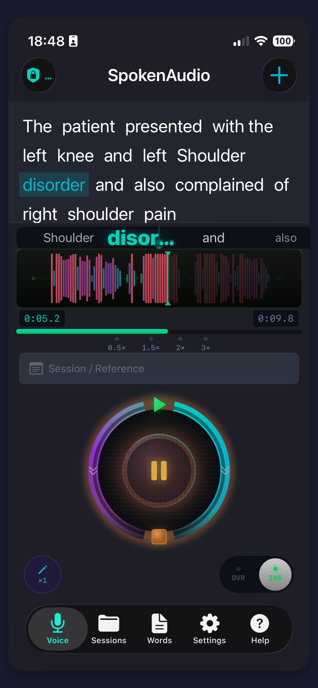 SpokenAudio app showing OVR mode with live transcript, jog wheel, and waveform